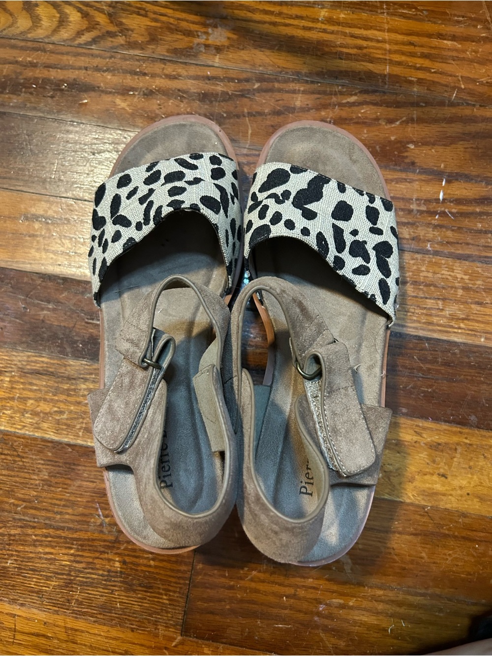 Pierre Dumas Taupe Suede Sandals with Black and White Leopard Strap
